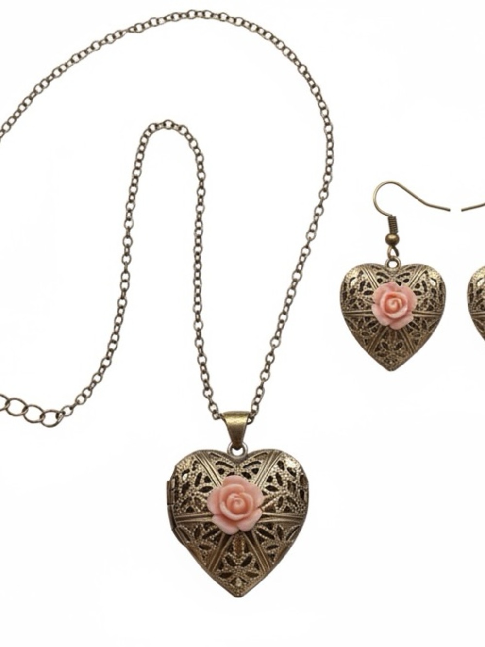 Vintage estate sale Heart Locket Necklace Pink Rose signed-earrings in closet. - Picture 2 of 5